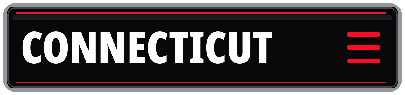 Black Connecticut graphic with bold white lettering, red lines, and menu icon