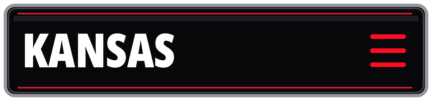 Black Kansas sign with bold white lettering, red border accents, and a red hamburger menu icon