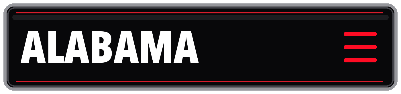 Black Alabama title banner with bold white text, red border accents, and a red hamburger menu icon