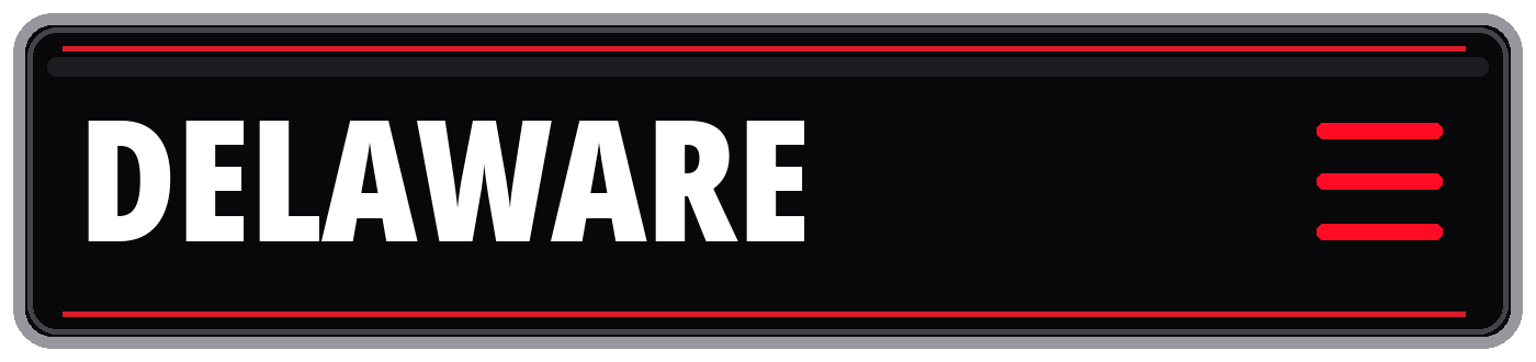 Black Delaware sign with bold white lettering, red accent lines, and a red hamburger menu icon