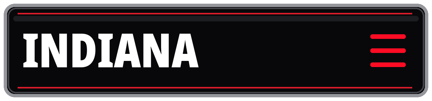 Black rectangular graphic with bold white “INDIANA” text, red accent lines, and a red hamburger menu icon.