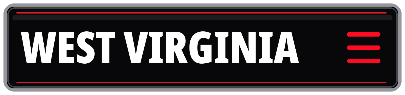 Black and gray West Virginia sign with bold white lettering and red accents