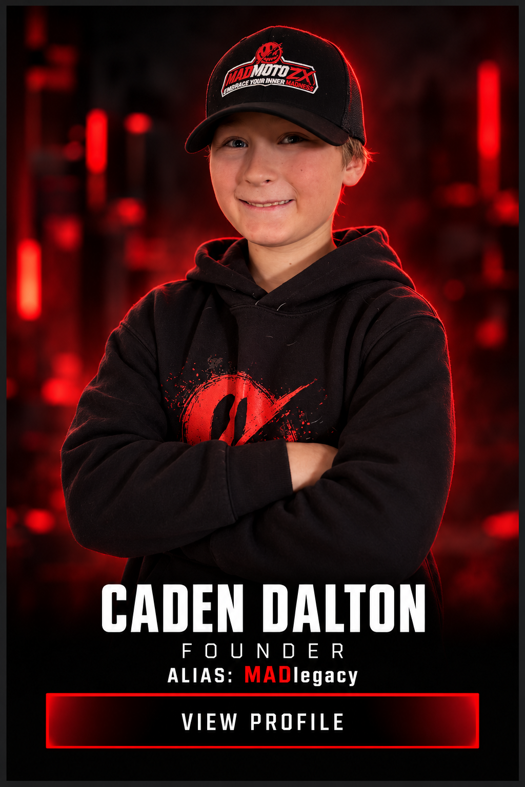 Portrait of Caden Dalton, founder of Mad Muto ZX, wearing a black cap and hoodie against a red-and-black background.
