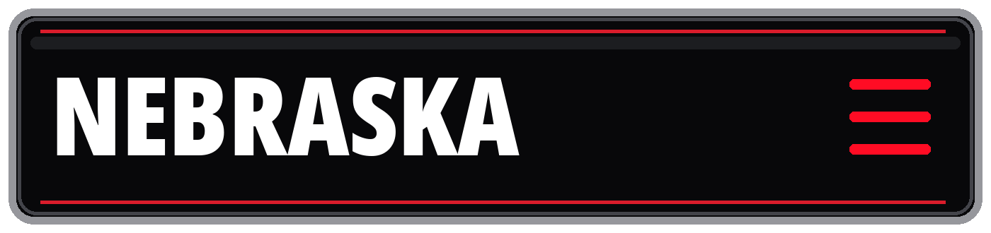 Black Nebraska state-themed banner with bold white lettering, red border accents, and a red hamburger menu icon
