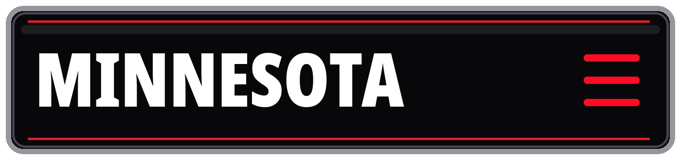Black Minnesota sign with bold white lettering, red border accents, and red hamburger menu icon