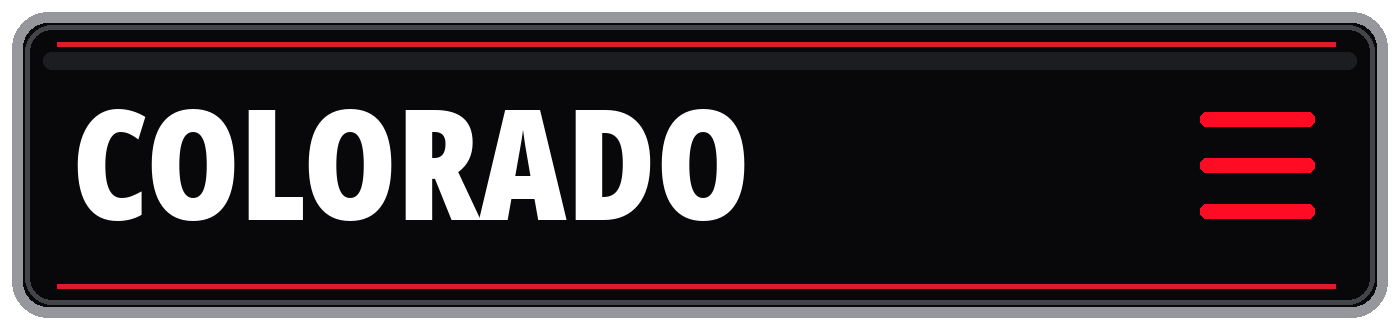 Black Colorado-themed graphic with bold white “COLORADO” text, red accent lines, and a red hamburger menu icon.