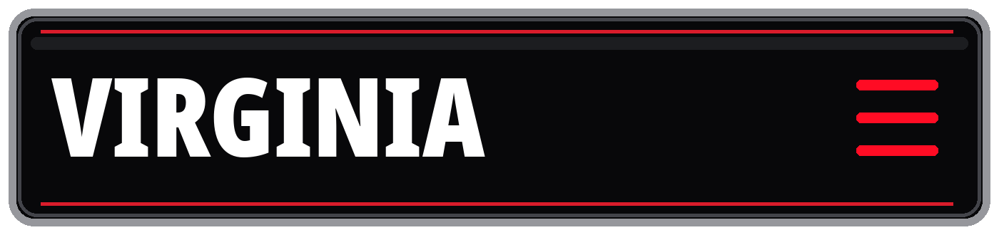 Black Virginia-themed banner with bold white “VIRGINIA” text and red accent lines and menu icon.