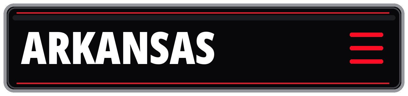 Black Arkansas sign with bold white lettering and red accent lines