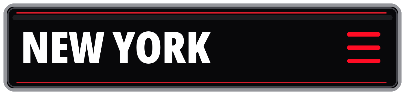 Black New York sign with bold white lettering, red border accents, and a red hamburger menu icon