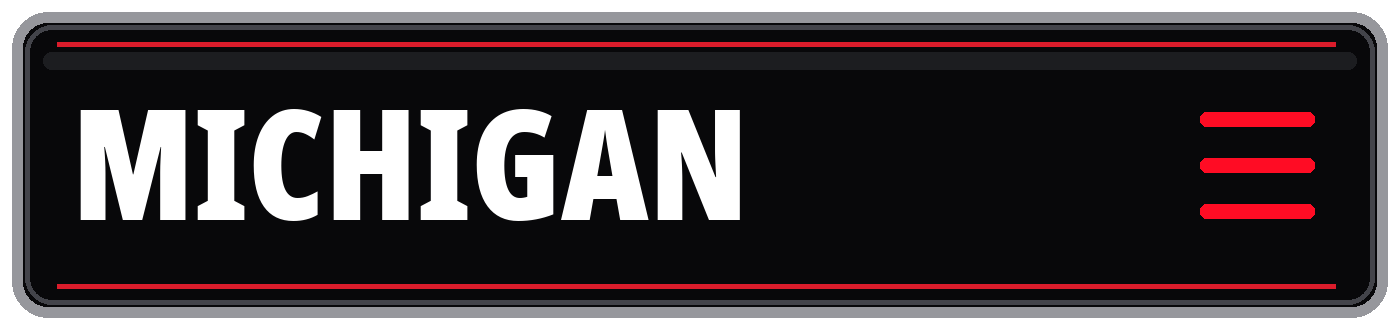 Black Michigan title banner with white text, red borders, and a red hamburger menu icon