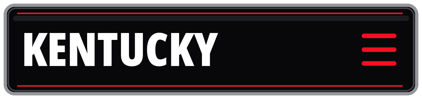 Black and red graphic banner displaying the word “Kentucky” with a red hamburger menu icon.