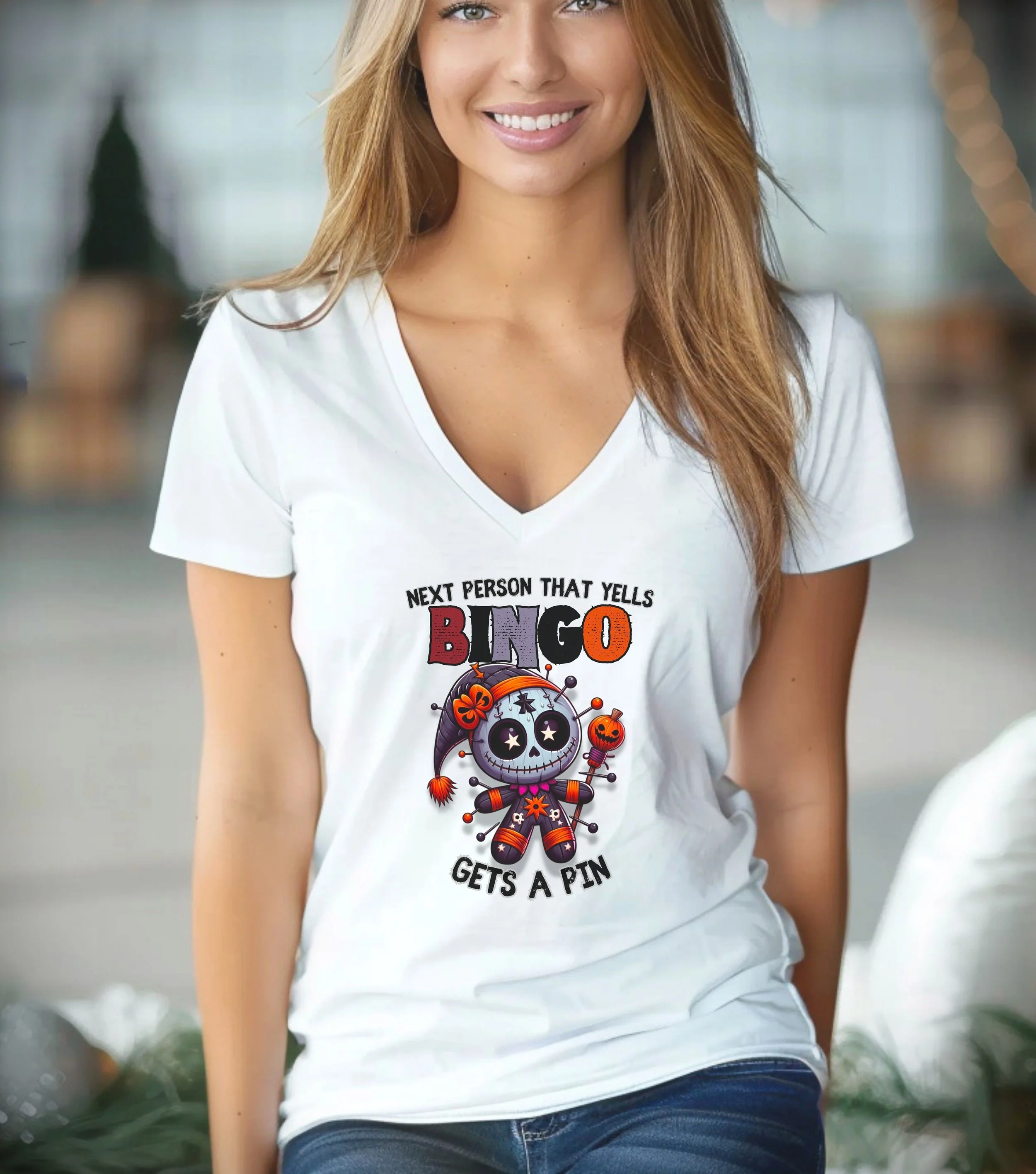 Woman wearing a lucky BINGO t-shirt v-neck from LuckyBINGOshirts.com