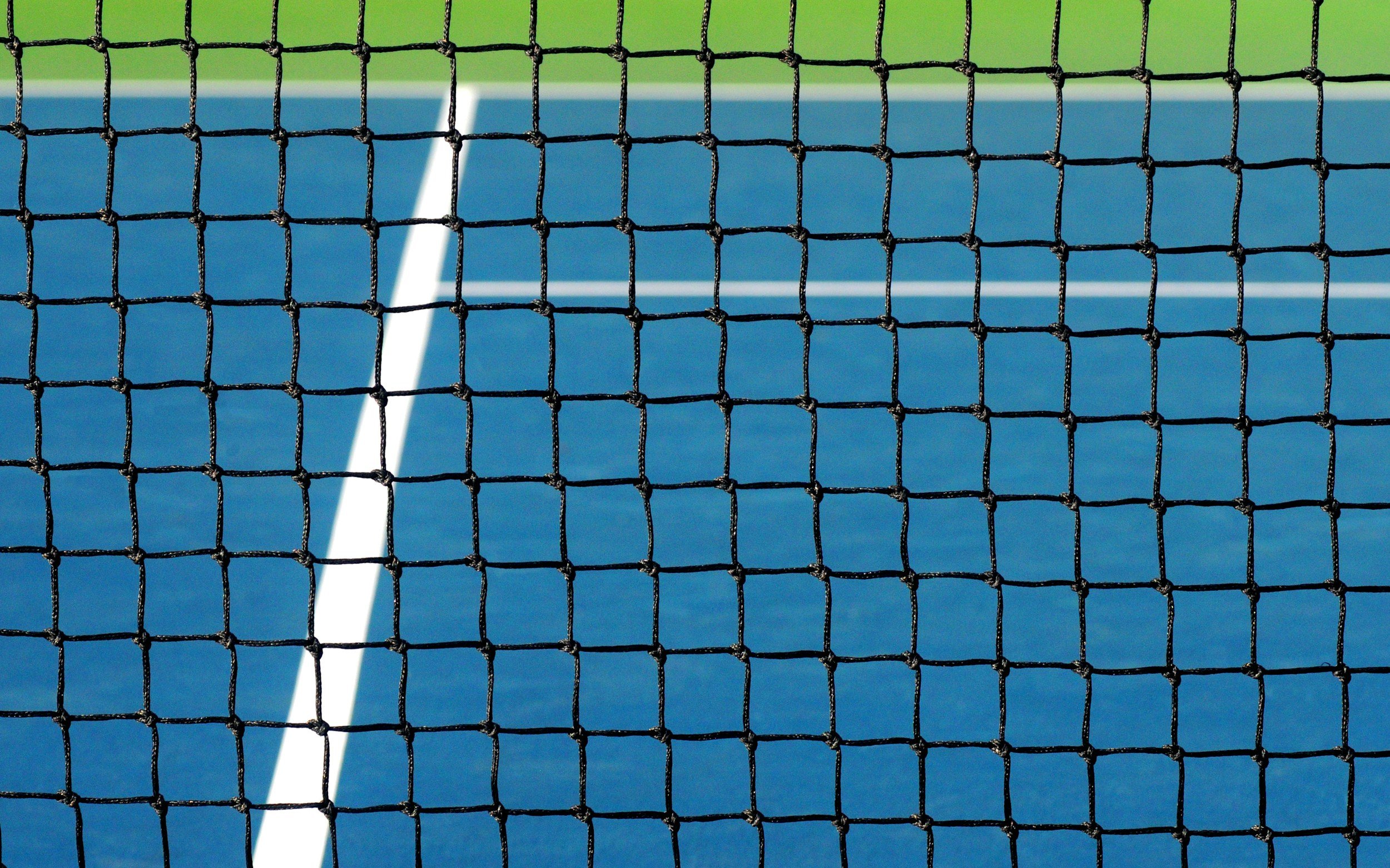 Close-up view of a black tennis net on a tennis court with a white line visible in the background.
