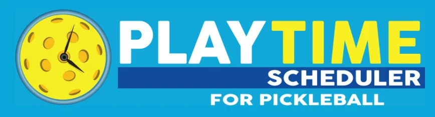 Playtime scheduler for pickleball with a yellow clock resembling a pickleball and blue background.