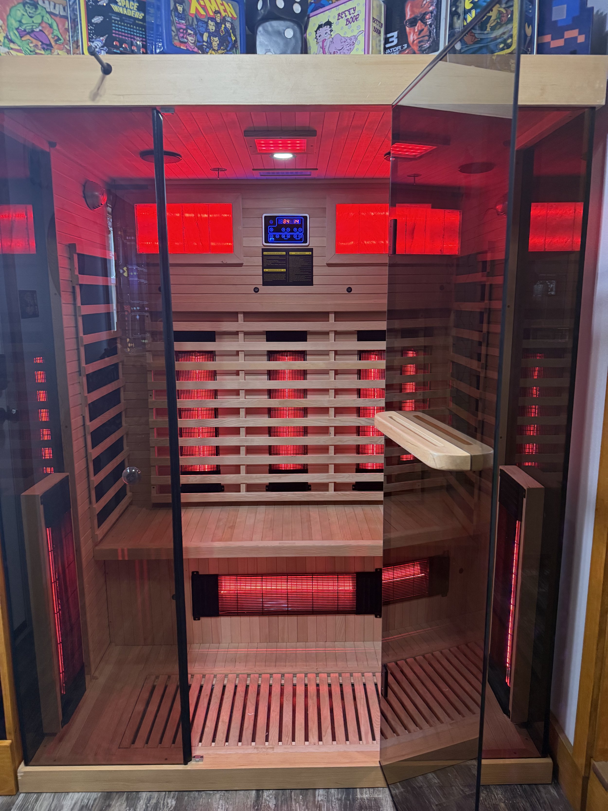 Relax your muscles in the electric dry sauna, holds 2-3 people. 