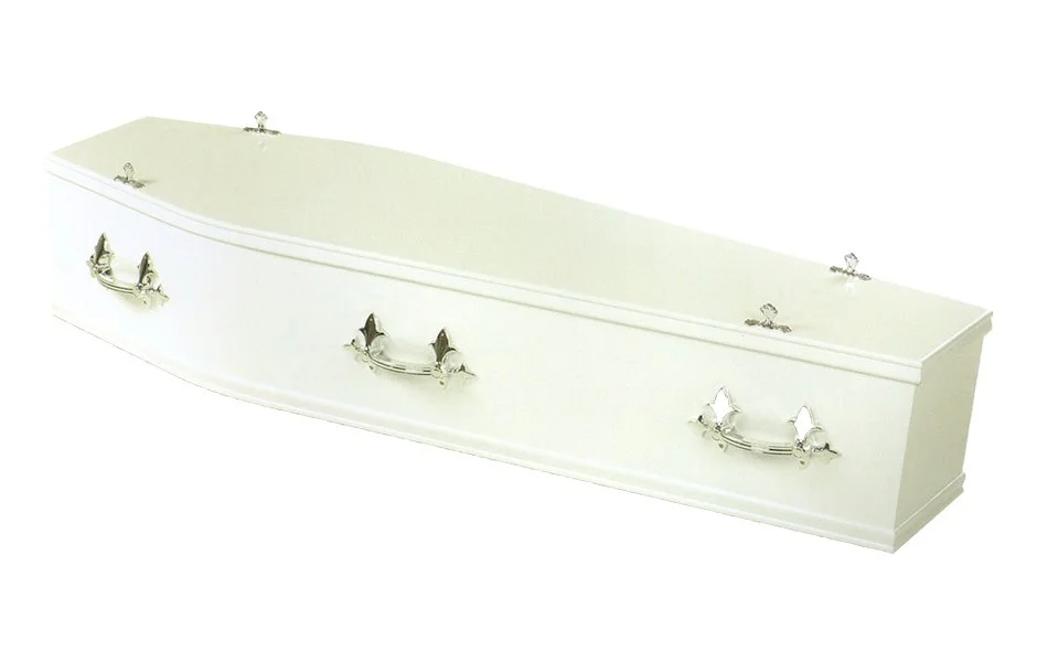 White coffin with silver handles and decorative fittings on a white background.