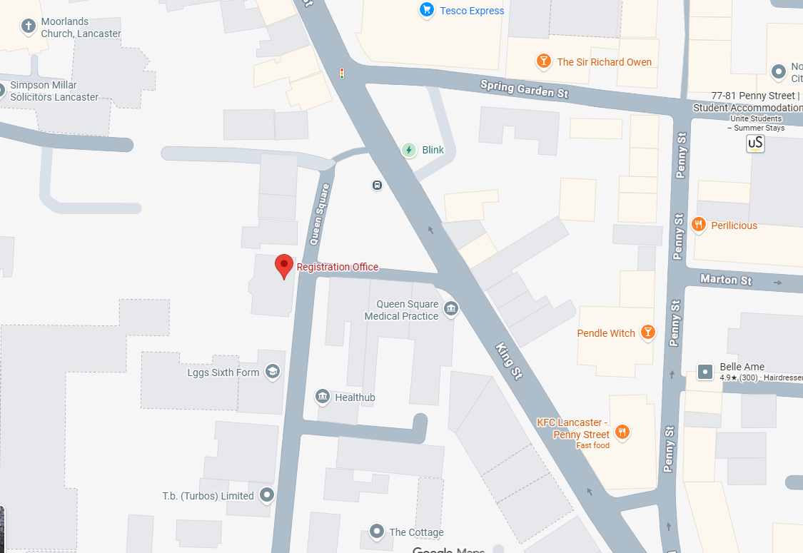 Map of Lancaster showing street names, landmarks, businesses such as KFC and Starbucks, and a registration office location.