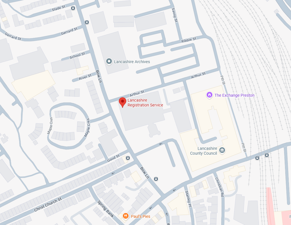 A map showing the location of Lancashire Registration Service, Lancashire Archives, Lancashire County Council, and nearby streets and rail lines in Preston, UK.