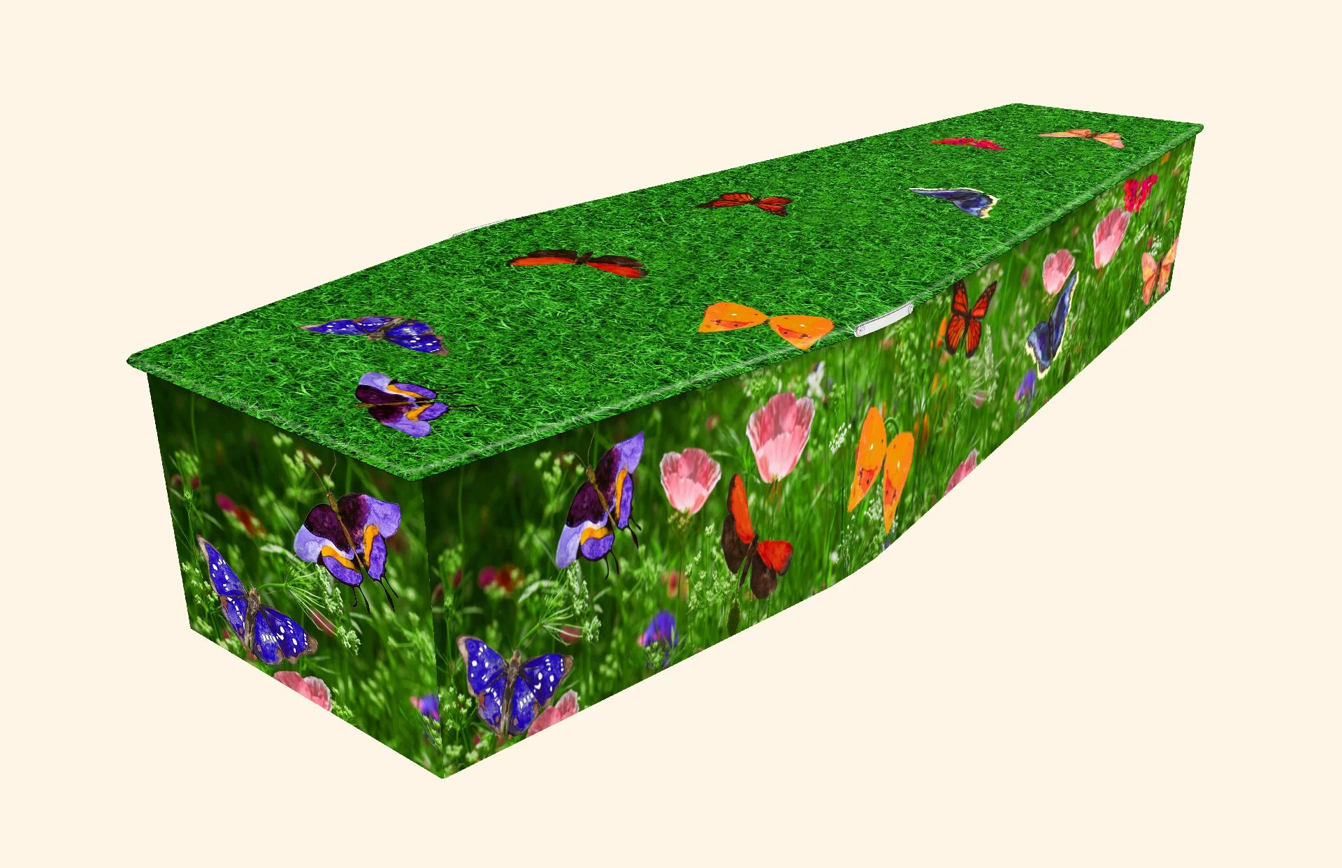 A rectangular box with butterfly and flower patterns on all sides, featuring a grassy top with flying butterflies.