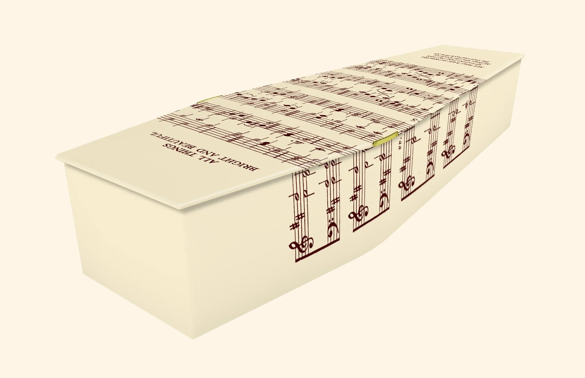 A rectangular box decorated with musical notes and staff lines, with the text "All Mankind, Bright and Beautiful" on one end.