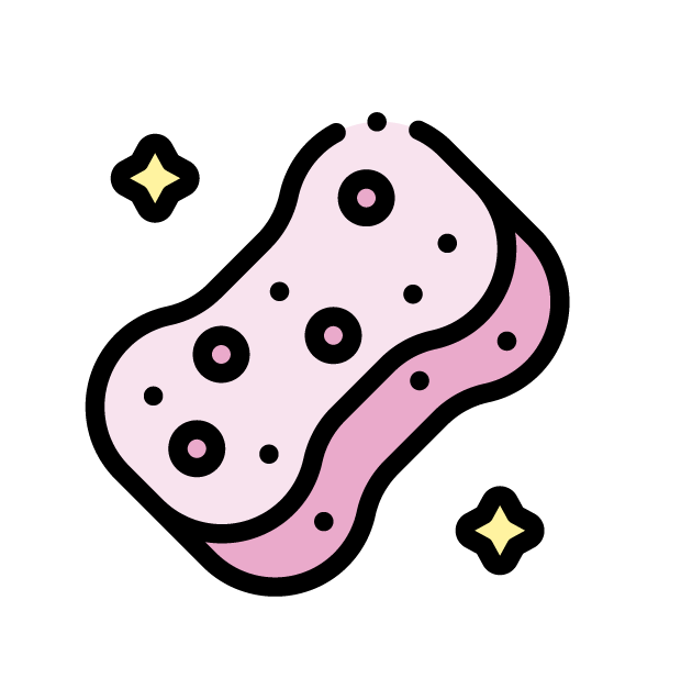 A stylized illustration of a pink spaceship with black circles and lines, floating in space with two yellow stars around it.