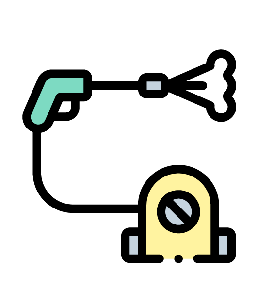 Simplified digital illustration of a rocket, an antenna, and a drone or robot with a camera.