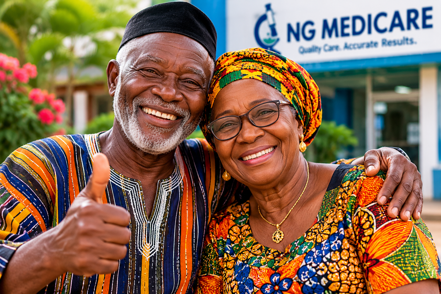 Smiling senior couple in traditional African attire outside, with a sign for NG Medicare in the background, embracing and showing a thumbs-up.