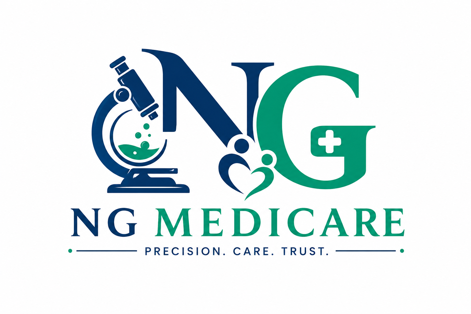 Logo for NG MedCare featuring a stylized microscope, with the letters N, G, and G integrated into the design, including a medical cross, and the tagline 'Precision. Care. Trust.'