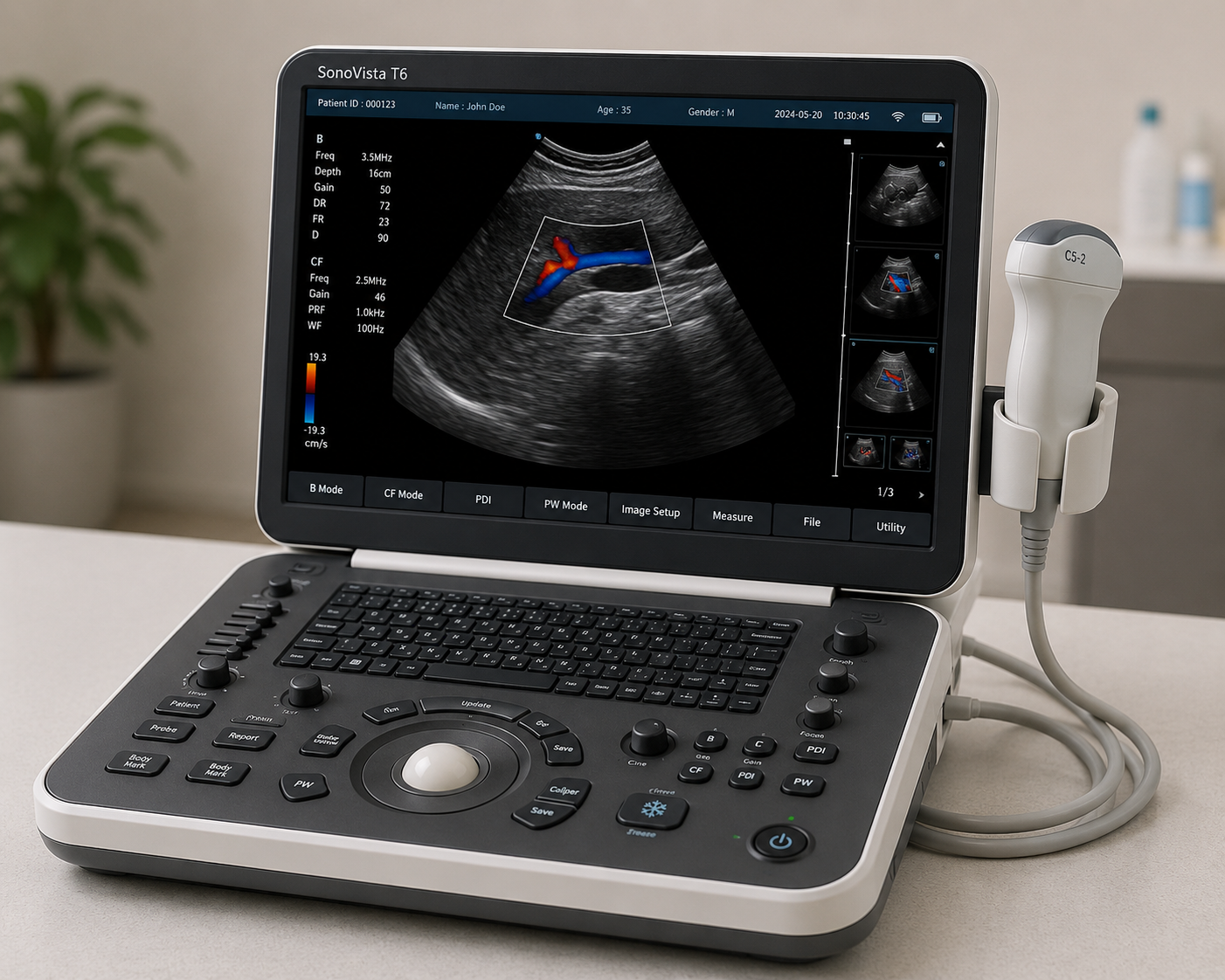 Ultrasound machine displaying a color Doppler image of a developing fetus in the womb.
