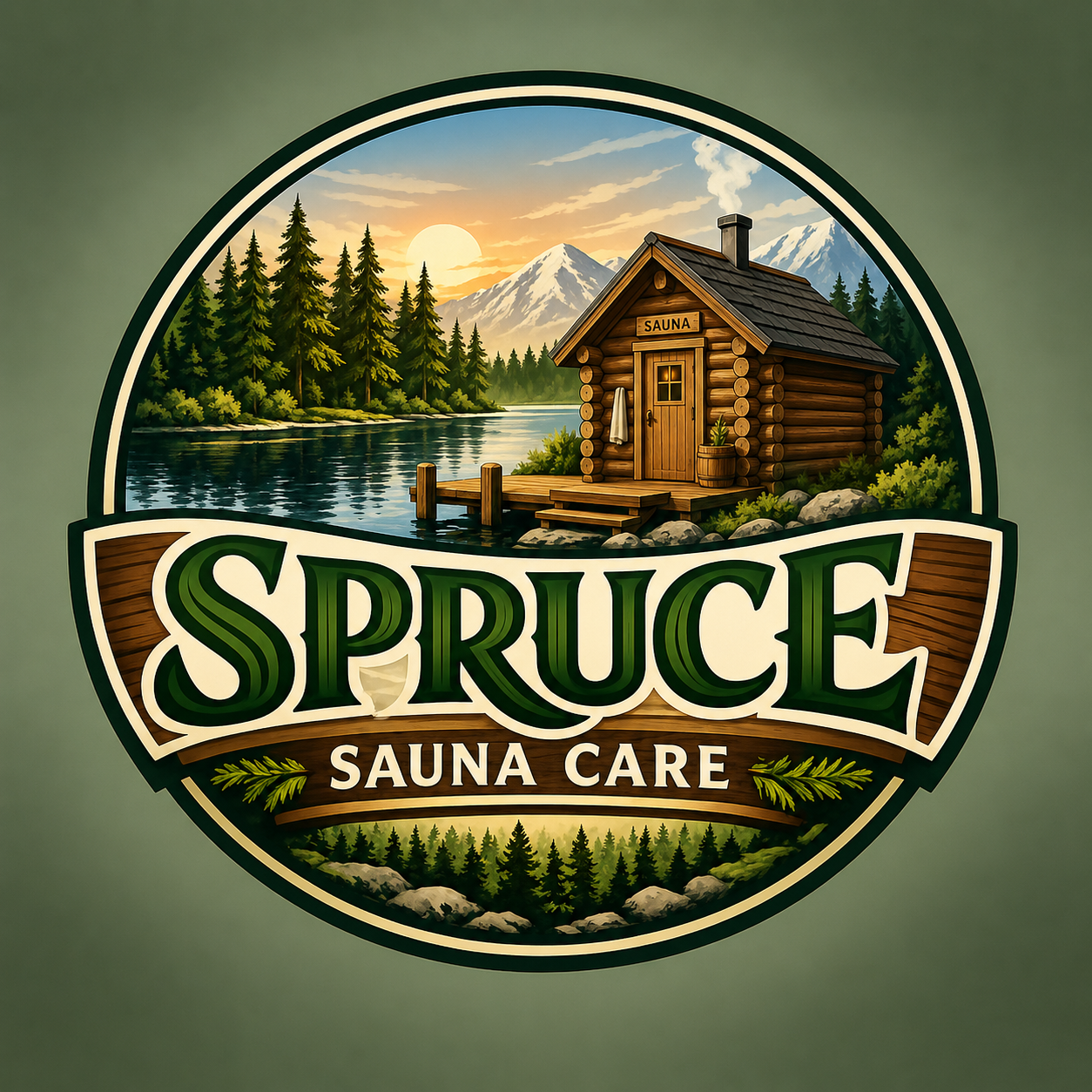 A logo for Spruce Sauna Care featuring a scenic landscape with a wooden sauna by a river, surrounded by pine trees, mountains, and a sunset sky.
