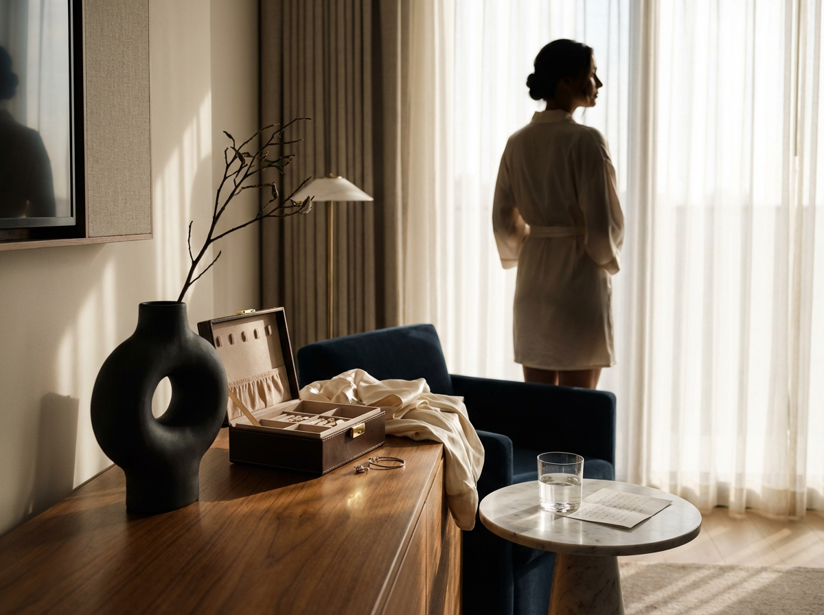 A woman stands by a window with curtains in a softly lit room, wearing a bathrobe.