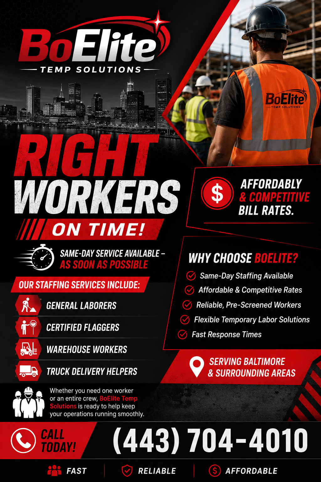 A promotional poster for BoElite Temp Solutions featuring images of construction workers and a city skyline, advertising fast, reliable, and affordable temporary labor services for Baltimore and surrounding areas.