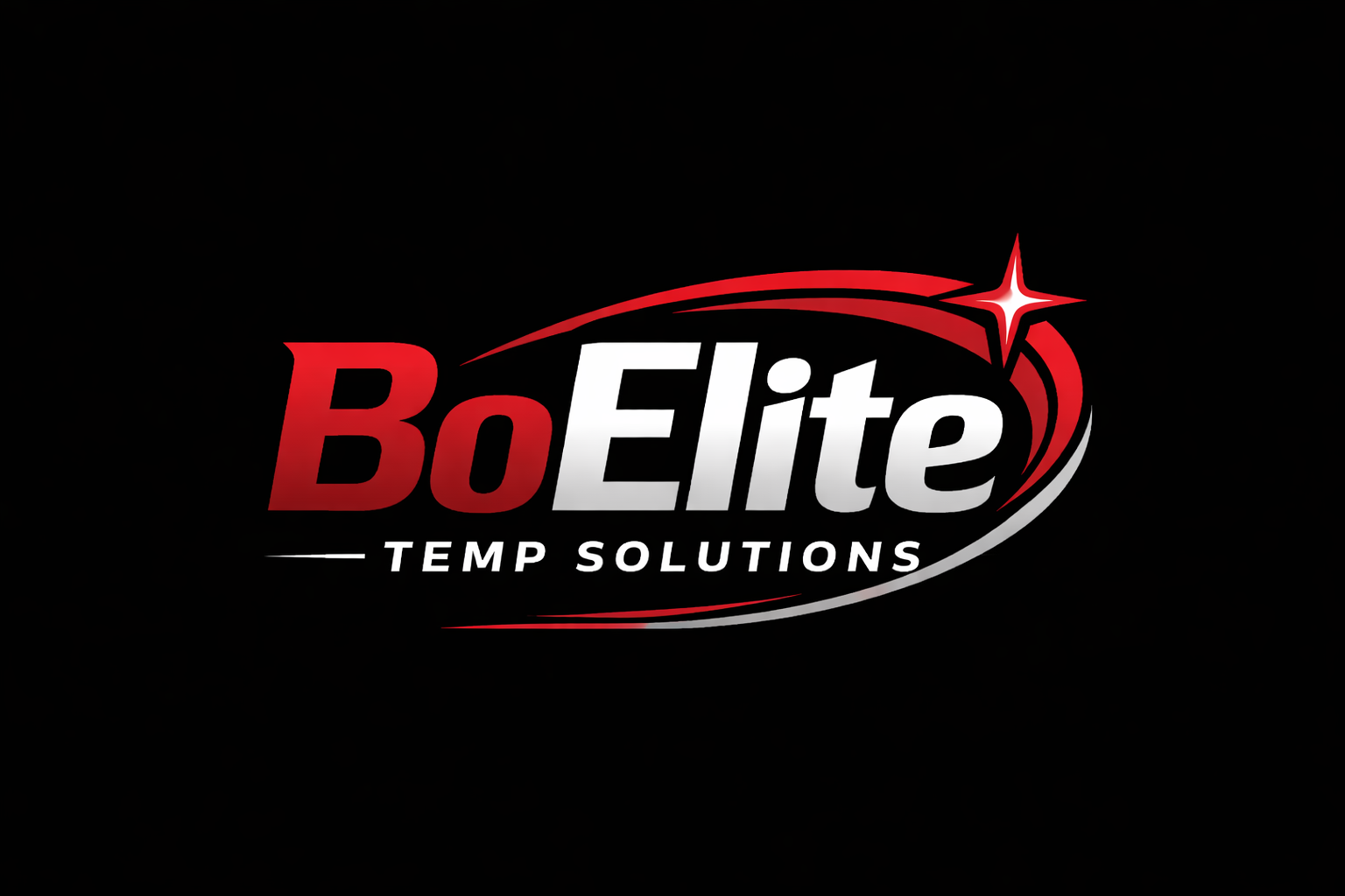 Logo for BoElite Temp Solutions featuring red and white text with a star and swoosh design on a black background.