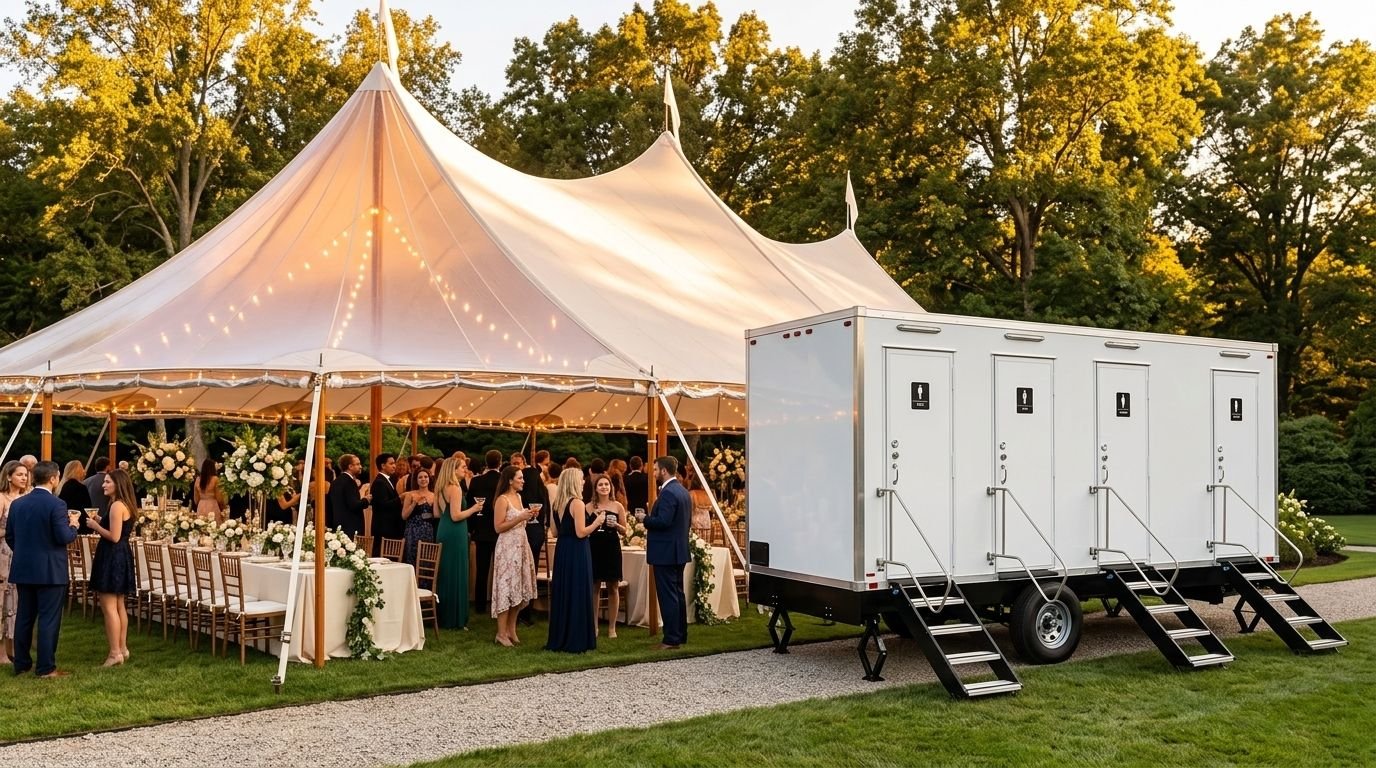 A large white event tent with people dressed in formal attire attending a gathering outdoors during sunset. There is a mobile restroom trailer with multiple doors parked nearby, with small stairs leading up to each door. The scene is set in a green l