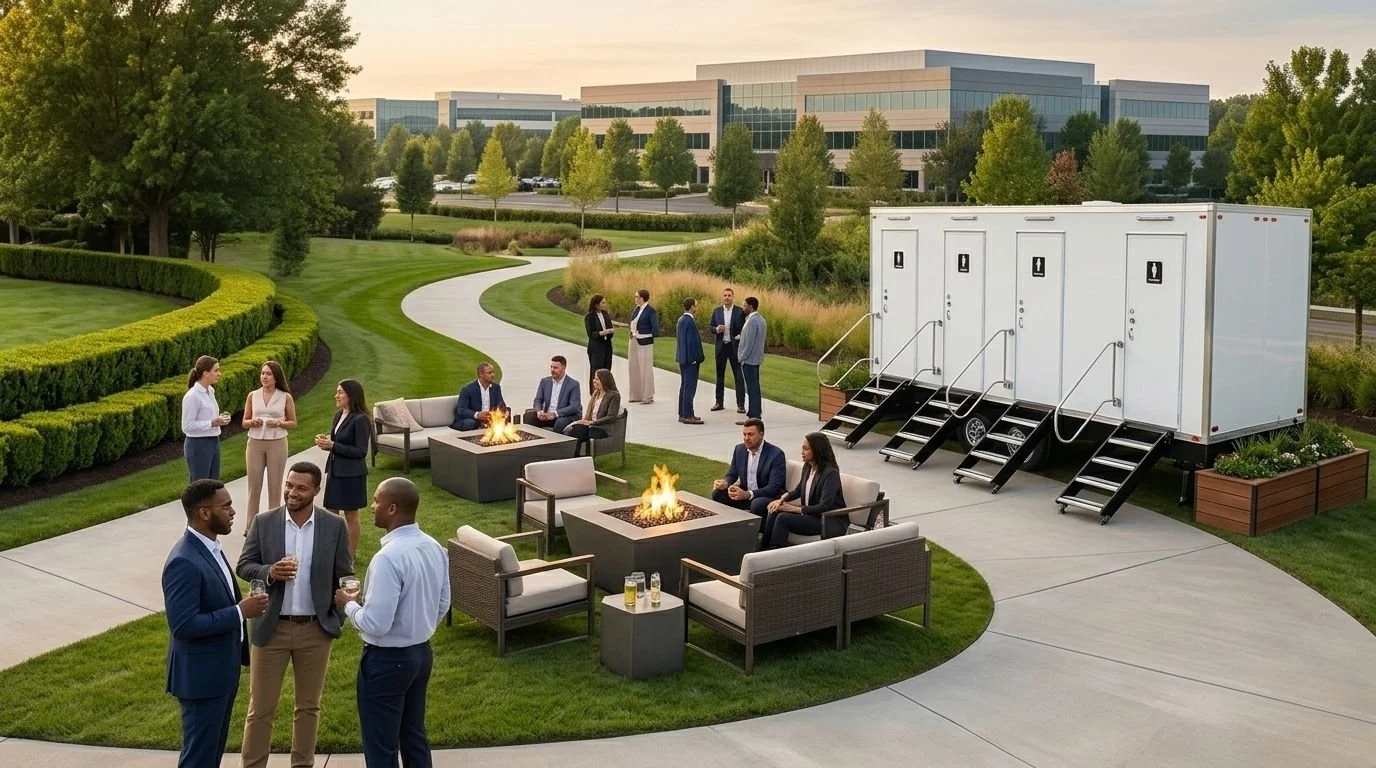 Corporate outdoor event with people socializing around fire pits, in front of portable restrooms, on a landscaped lawn with trees and a large office building in the background.