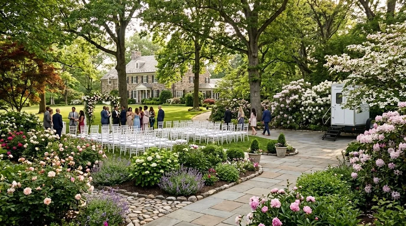 A wedding ceremony being set up outdoors on a lush, green lawn with large trees, at a large stone house in the background. Guests and wedding party are gathering around a floral arch and chairs. There are blooming bushes and potted plants around the 