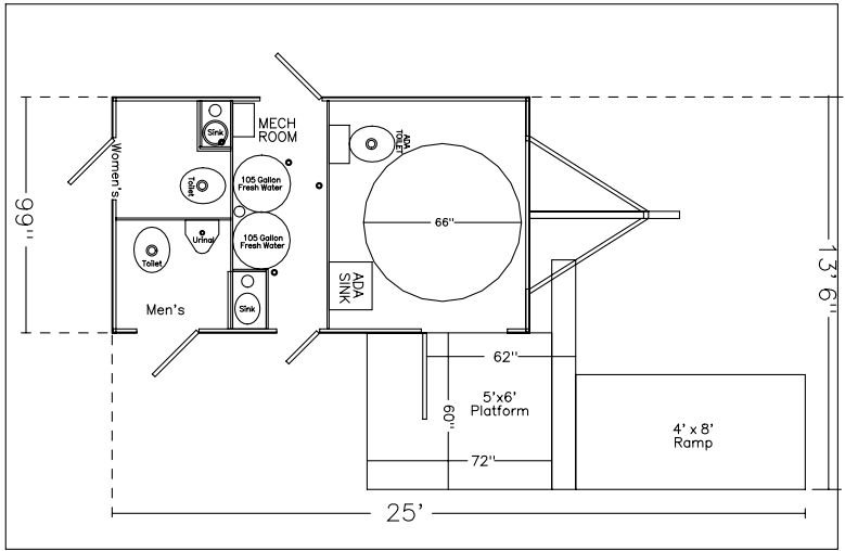 A detailed architectural floor plan of a small building. It includes a men's and women's restroom, a mechanical room, a tank room, and a shower area. There is an outdoor platform, a ramp, and measurements indicating dimensions in feet.