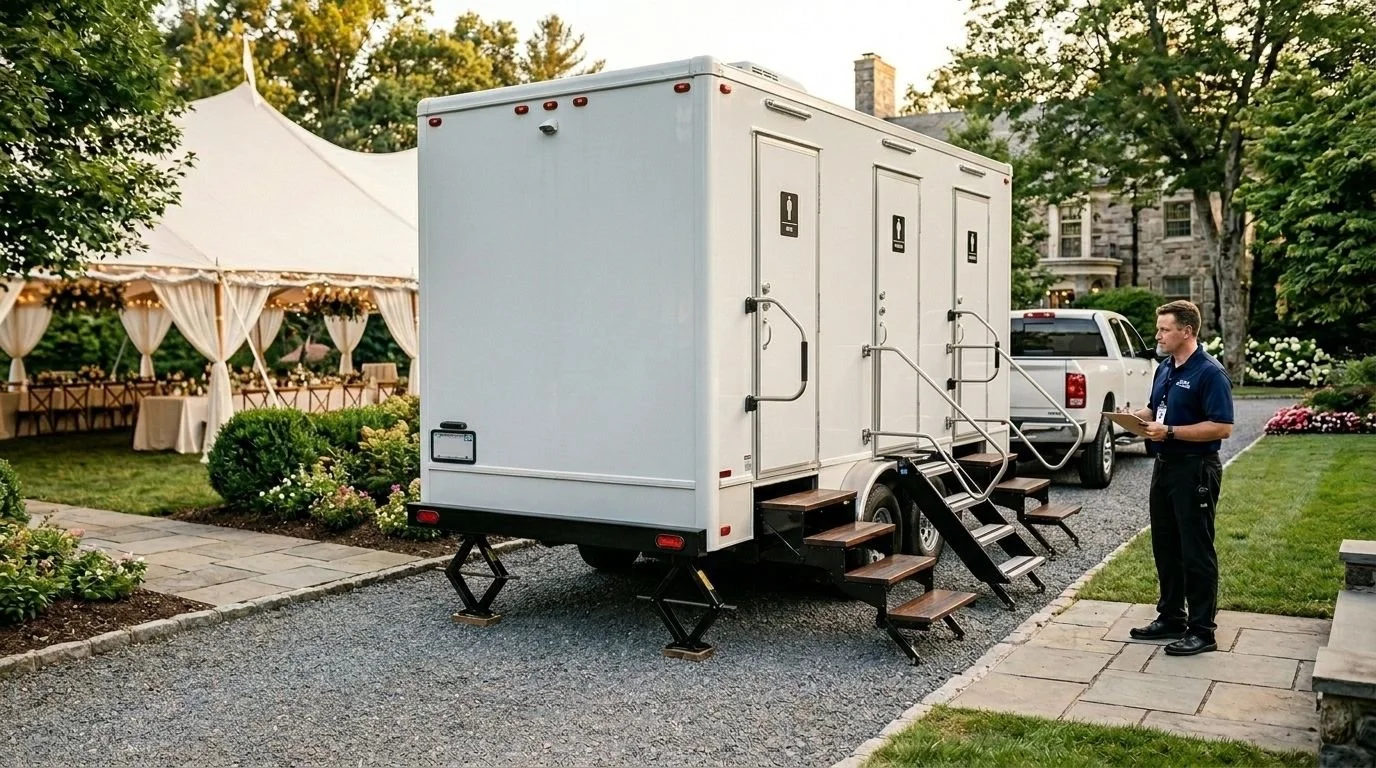 Mobile restroom trailer parked outdoors near decorated tents and tables at an event. A staff member is standing nearby with a clipboard, wearing a navy shirt and black pants.