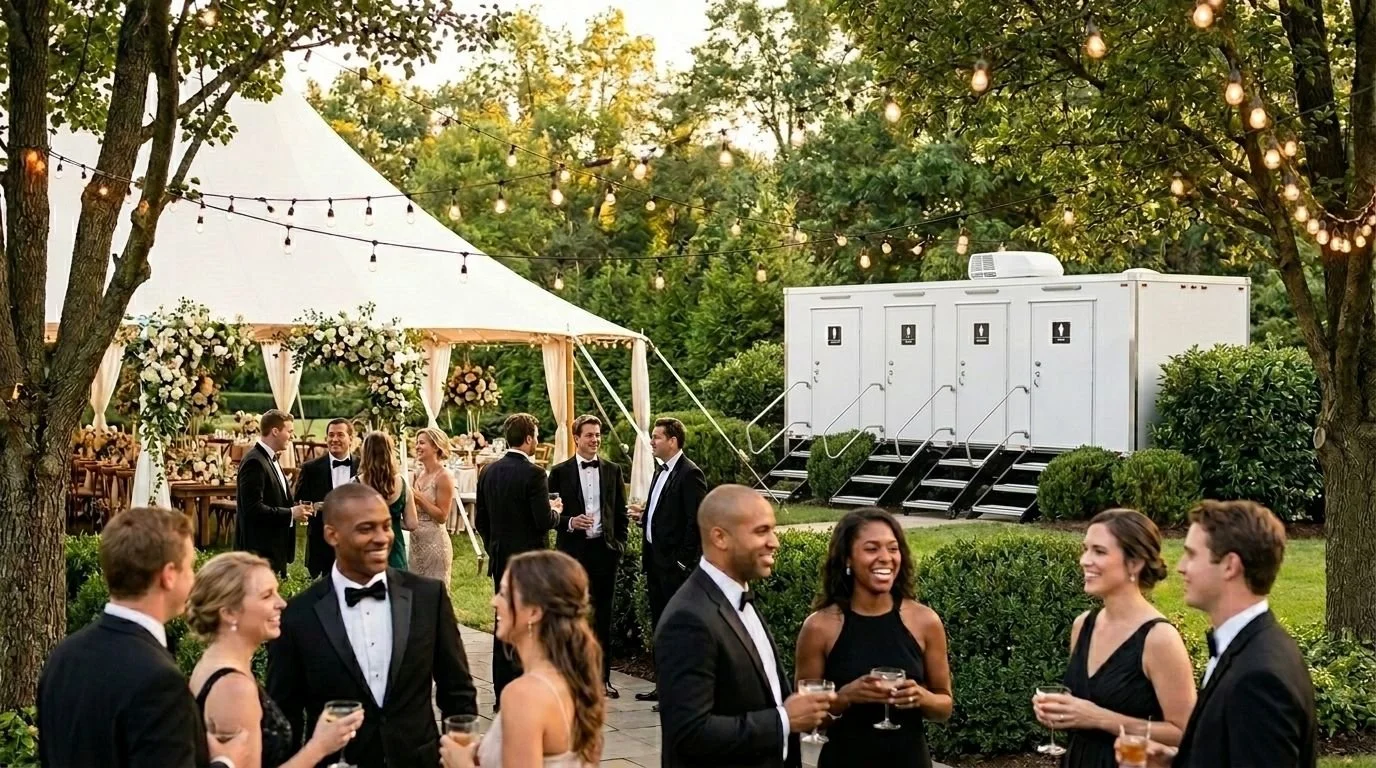 Guests dressed in formal attire at outdoor wedding reception, mingling and enjoying drinks under string lights, with a white tent decorated with flowers in the background.