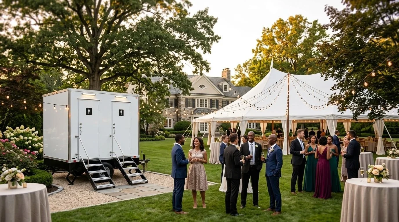 Guests attending an outdoor wedding reception, standing and socializing under a large white tent decorated with string lights, with a historic house in the background.