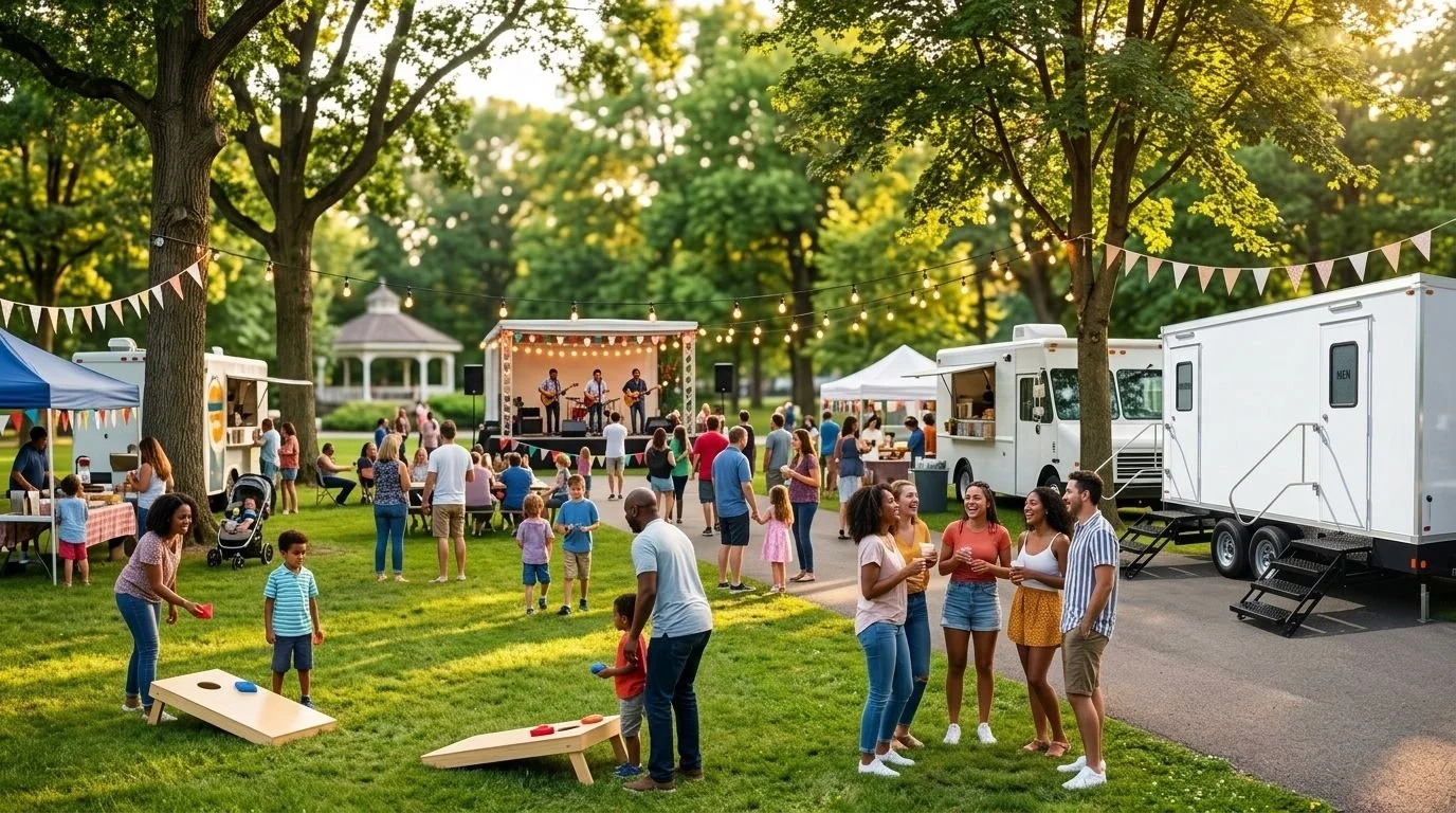 People enjoying an outdoor concert and festival in a park during the evening, with children playing games on the grass, food trucks, and a band performing on a stage.