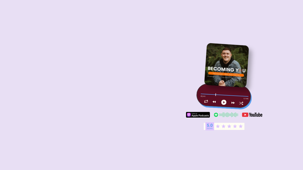A podcast app interface featuring a podcast titled "Becoming You" with a photo of a smiling man, a podcast duration of 17:06, a play button, soundwave graphic, and icons for Apple Podcasts, Spotify, and YouTube, along with a 5-star rating.