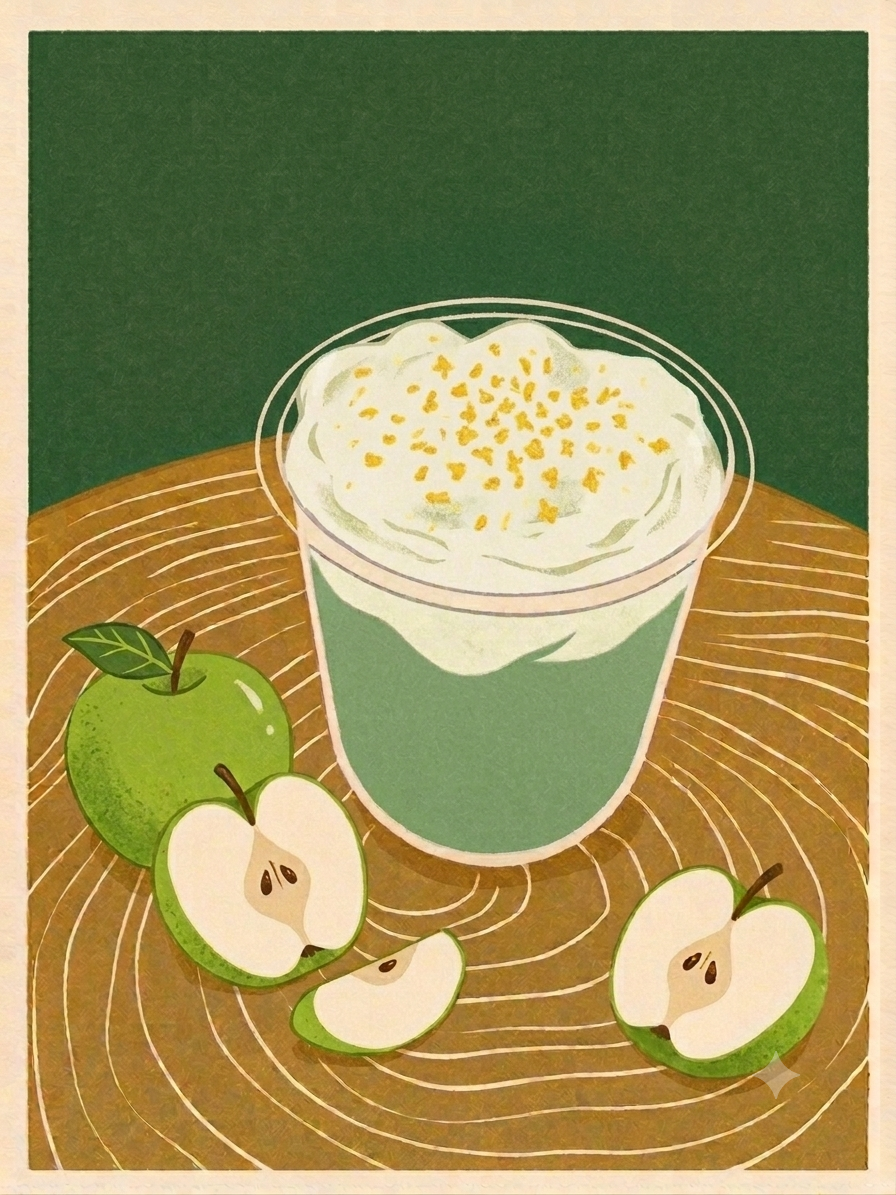 Illustration of a mugwort latte topped with green apple cream top, garnished with lemon zest.