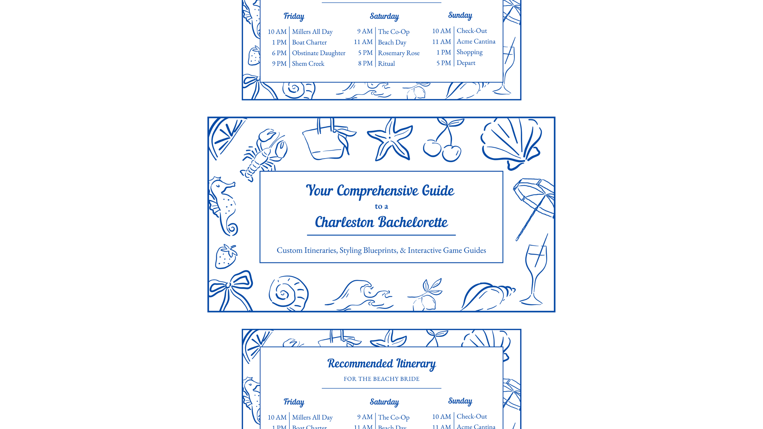 Blue outline of a coastal bachelorette party itinerary with days of the week, activities, and times, surrounded by beach-themed illustrations such as seashells, starfish, shell, lobster, seahorse, and beach accessories.