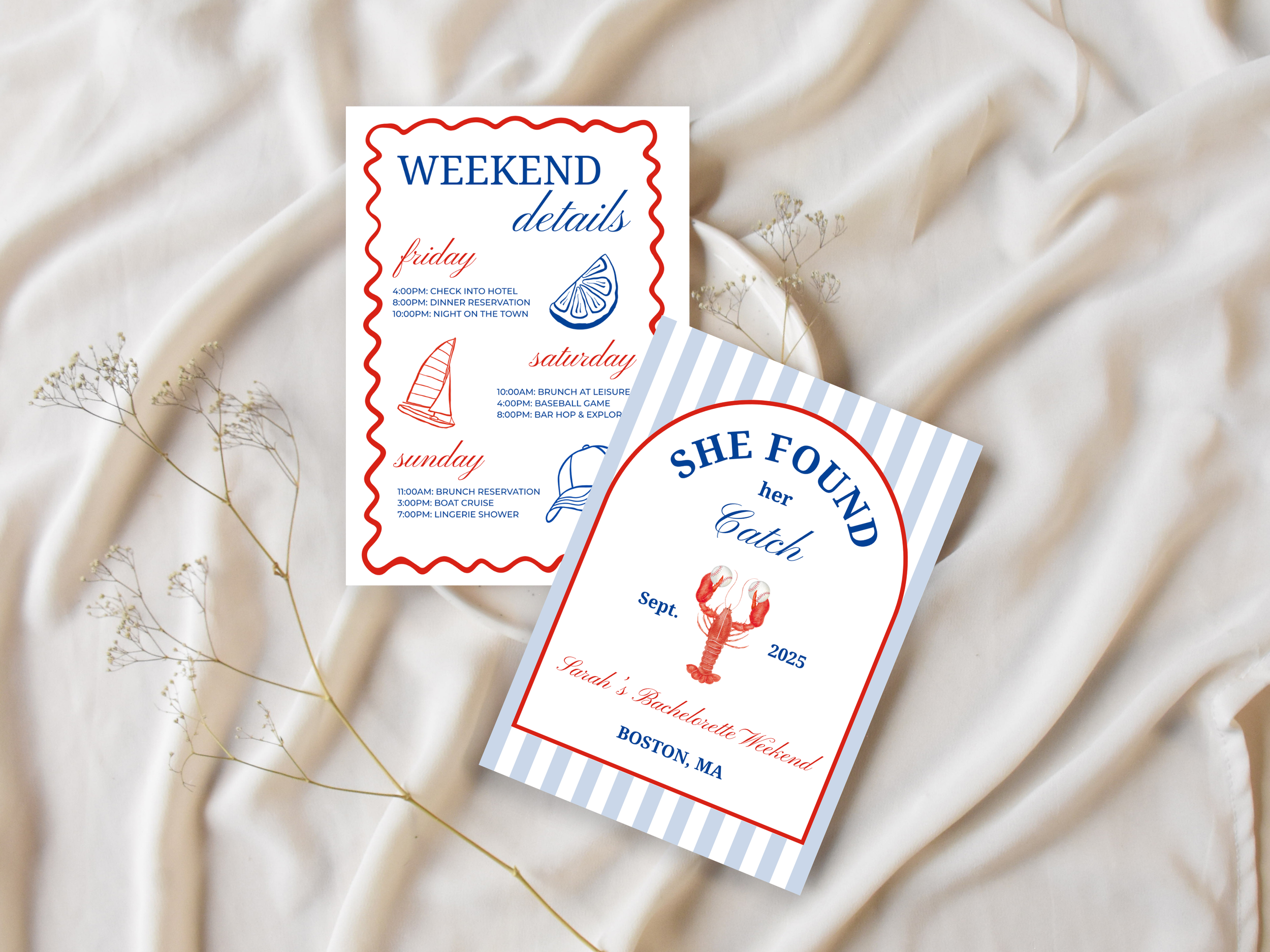 Partially visible weekend itinerary flyers with text about activities from Friday to Sunday, featuring illustrations of a lemon wedge, a sailboat, and a lobster, placed on a light-colored, ruffled fabric background with small sprigs of dried flowers.