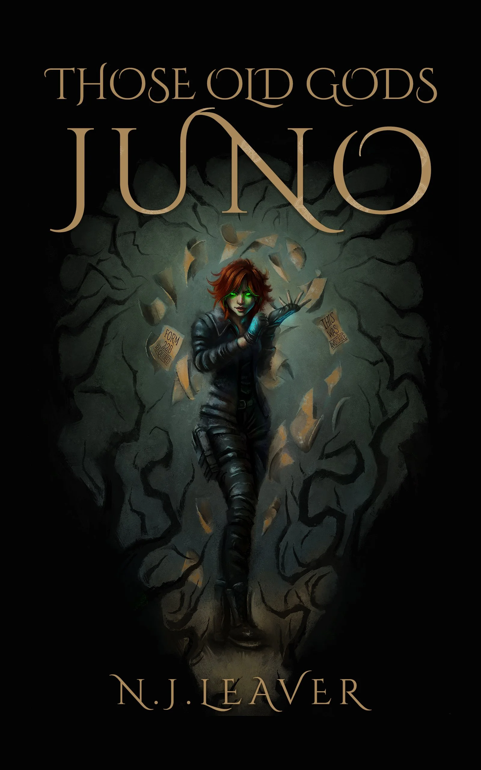 urban fantasy book cover for Those Old Gods Juno features red headed woman with verdant green eyes.
