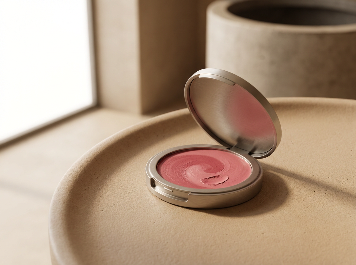 Open compact mirror with pink blush or makeup inside on a beige surface, with a blurred background.