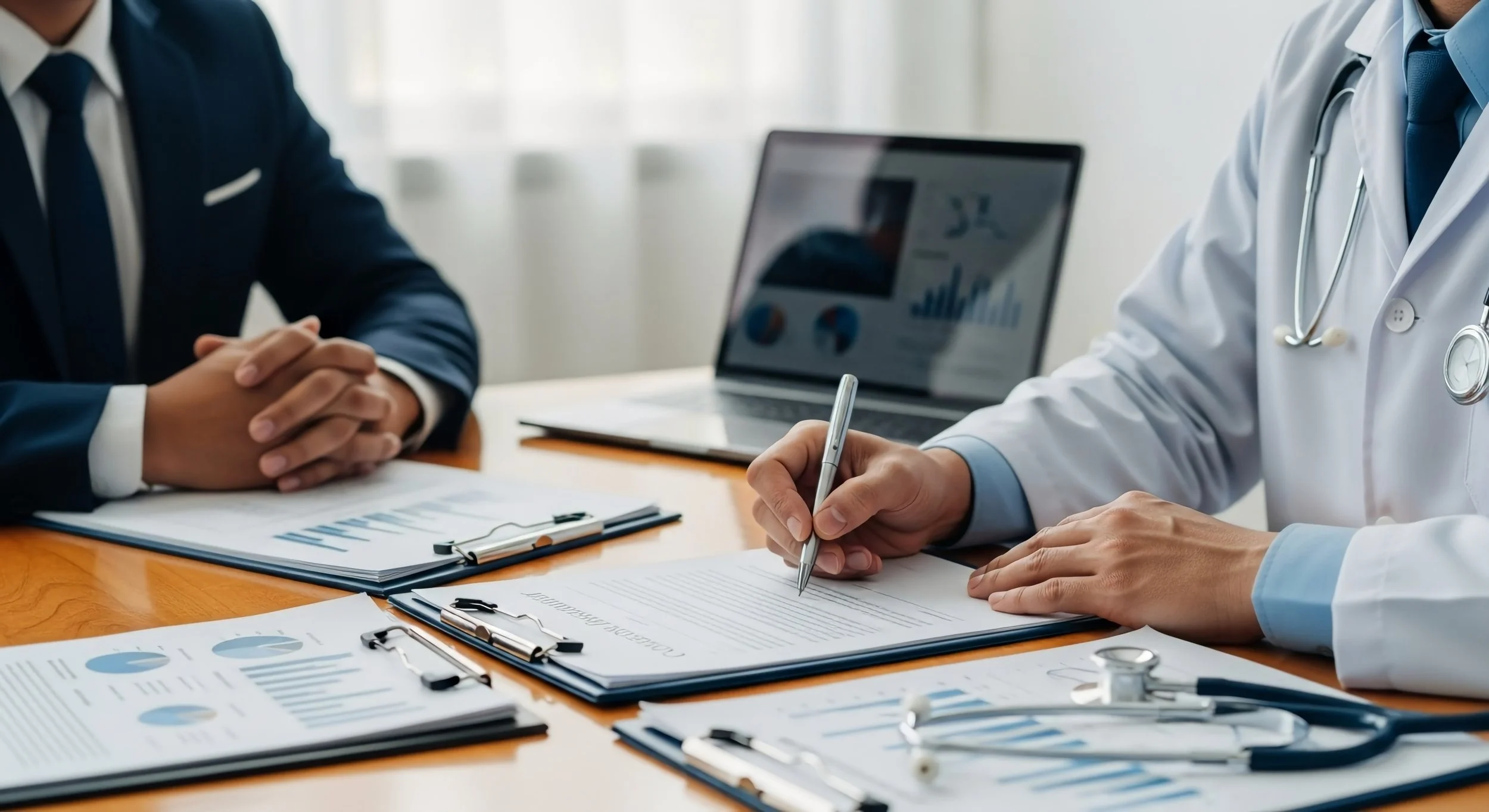 Doctors and a patient discussing medical documents at a consultation.
