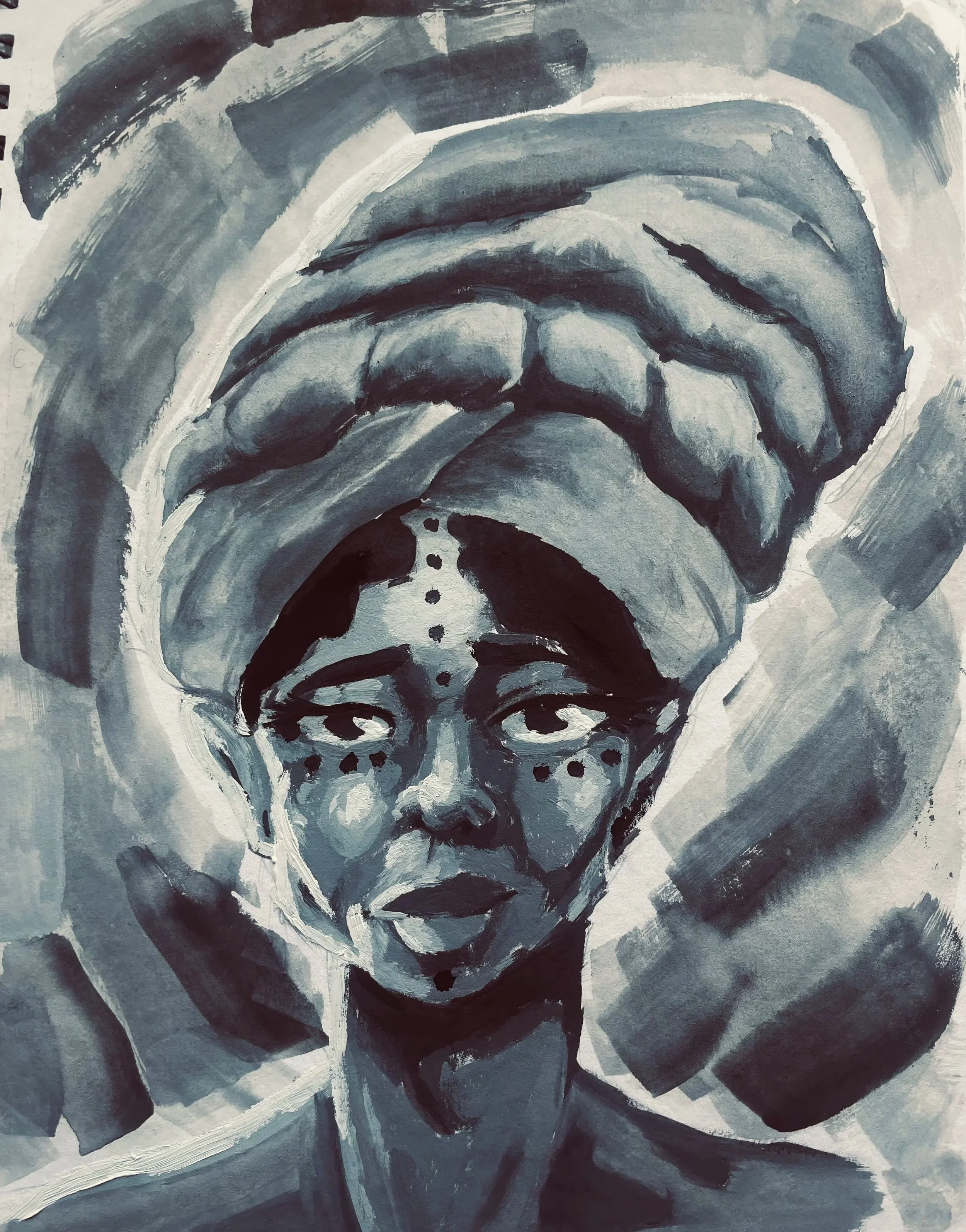 Black and white abstract painting featuring swirling shapes and shading, resembling a face or mask with intense expressions.
