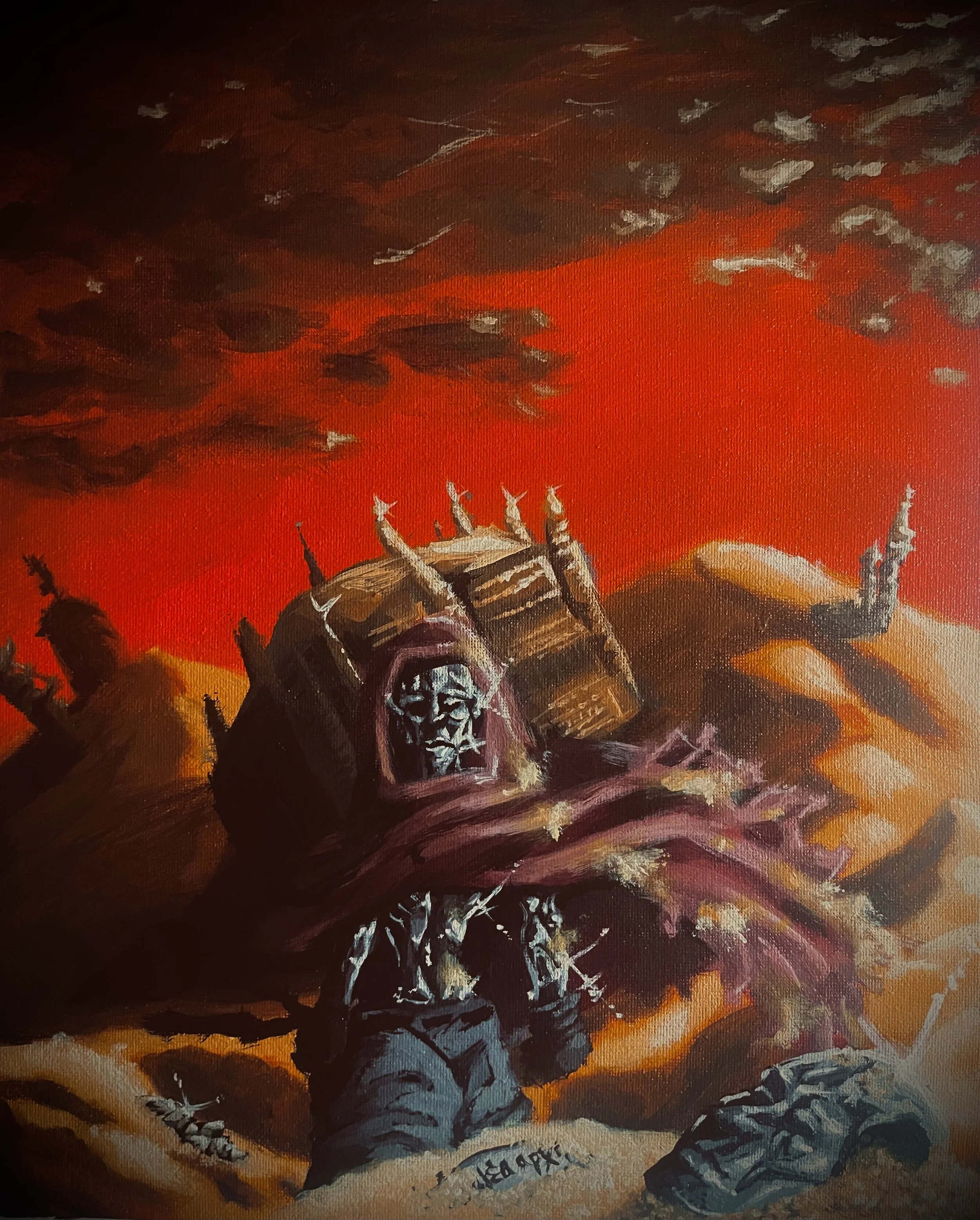 A dark, fiery landscape with a demon-like creature in the foreground, holding a club and facing a runed gate. The sky is filled with dark clouds, and the scene has an ominous, apocalyptic atmosphere.